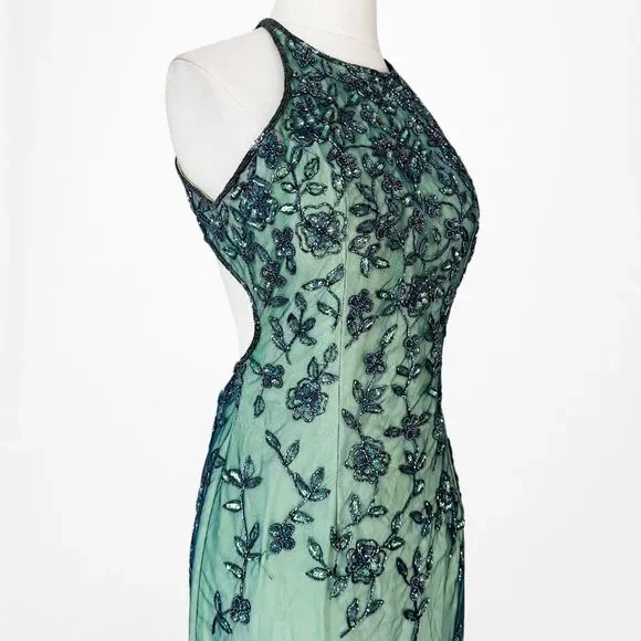 Vintage Y2K 90s Green Floral Halter Beaded Mesh Bodycon Maxi Prom Dress Size S - Picture 7 of 14